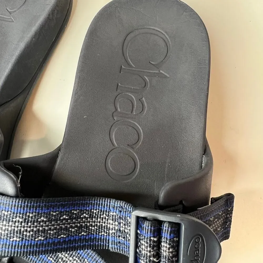Chaco Men's Chillos slides feature blue and gray patterned adjustable straps and